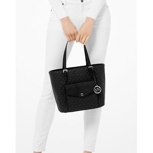 Michael Kors Black Leather MK Printed Pocket Double Handle Satchel Bag